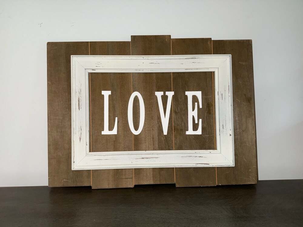Rustic Farmhouse Style Wooden LOVE Wall Art Sign with Distressed White Frame